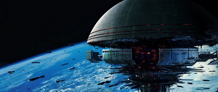 Mass Effect Reaper and fleet above Earth