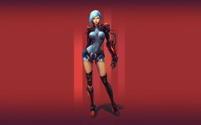 Woman in futuristic armor with blue hair
