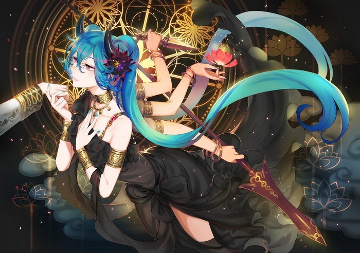Anime girl with blue hair and horns holding a weapon