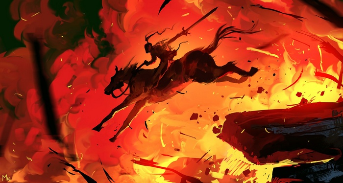 Knight on horseback in a fiery landscape