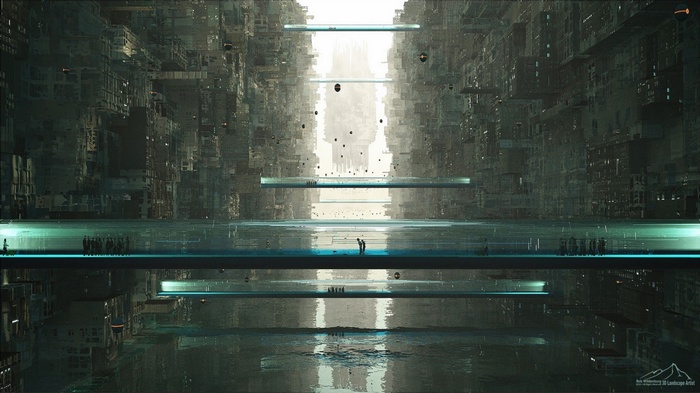 Futuristic cityscape with elevated walkways and water