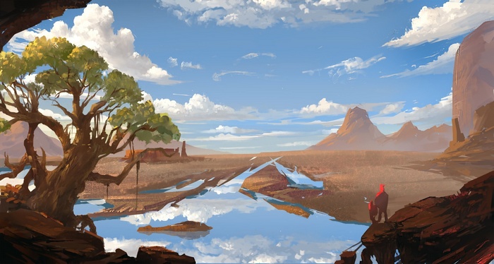 Illustration of a desert landscape with a large tree and mountains