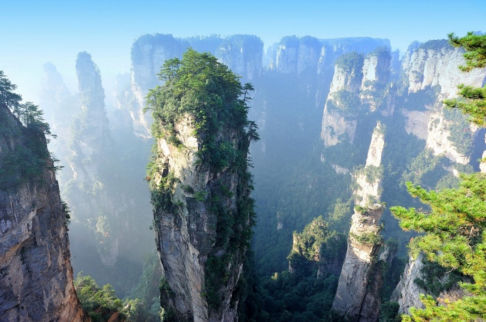 Misty Mountains with Tall Rock Pillars and Greenery