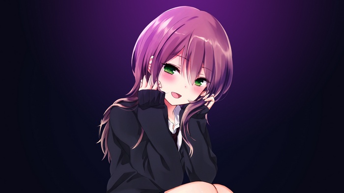 Anime girl with purple hair and green eyes