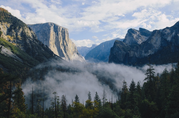 Misty Yosemite Valley with El Capitan and Cathedral Rocks