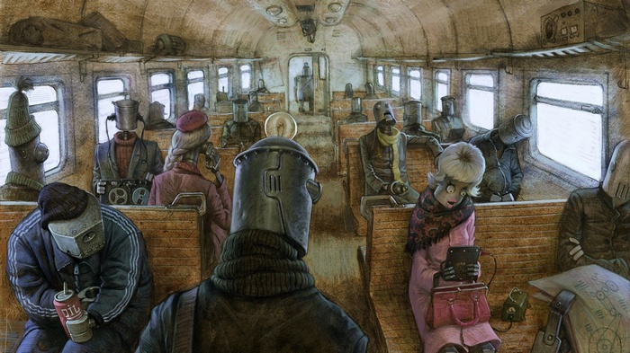 Robots on a train, artwork