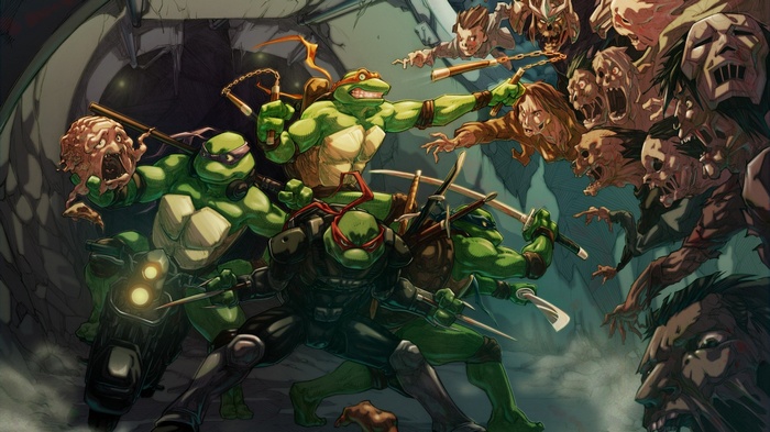 Teenage Mutant Ninja Turtles fighting zombies