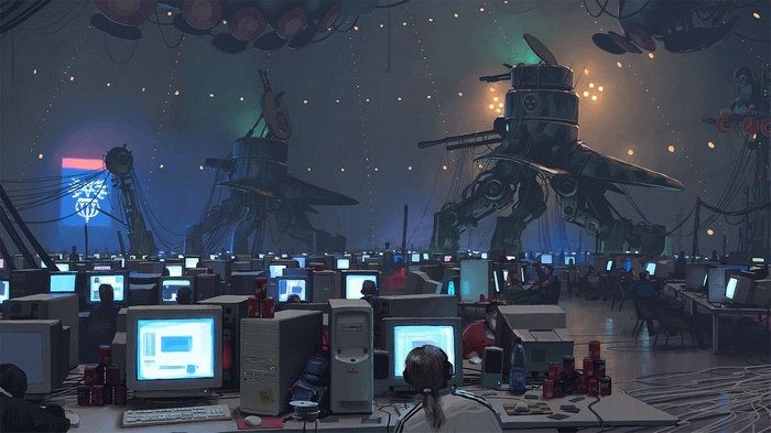 Science fiction artwork of a computer lab with robots