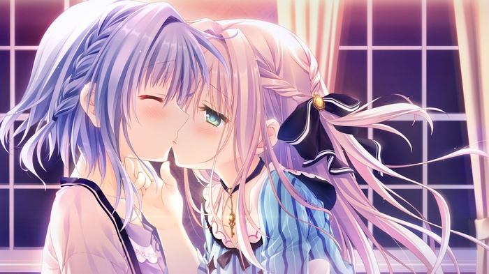 green eyes, purple hair, short hair, long hair, anime girls, Otome Domain, yuri, anime, Asuka Minato