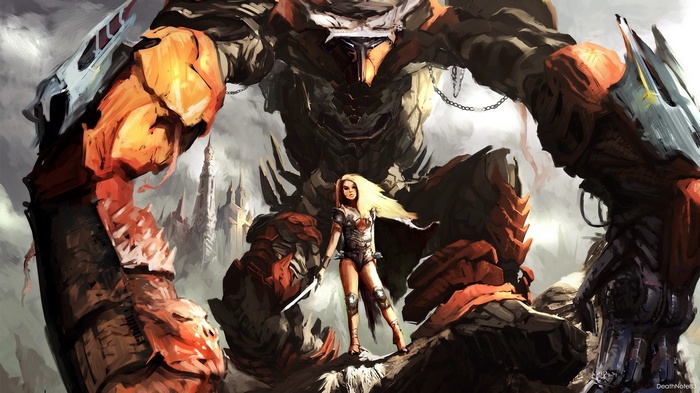 Warrior woman and giant robot in a fantasy city