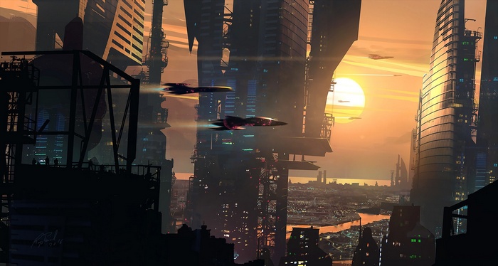 Futuristic cityscape at sunset with flying vehicles