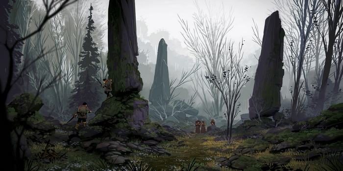 Fantasy forest with ancient stones and travelers