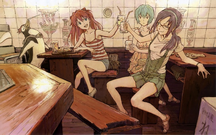 Asuka, Rei, and Mari from Neon Genesis Evangelion at a restaurant