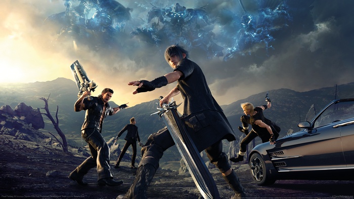 Final Fantasy XV characters facing a giant monster