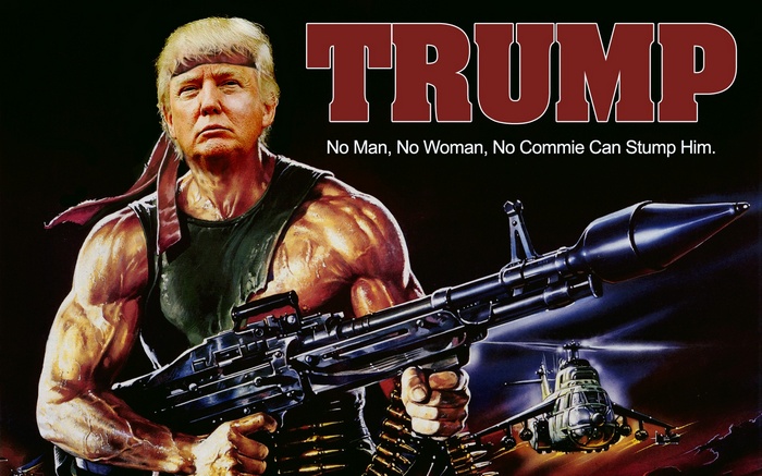 Donald Trump as Rambo with a Machine Gun