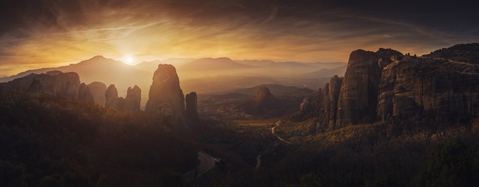Meteora Greece Sunset Panorama Landscape