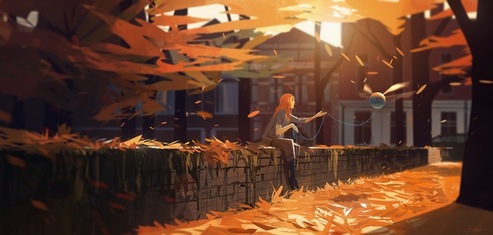 Girl playing with a floating orb in autumn park