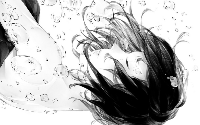 Monochrome anime girl underwater with bubbles