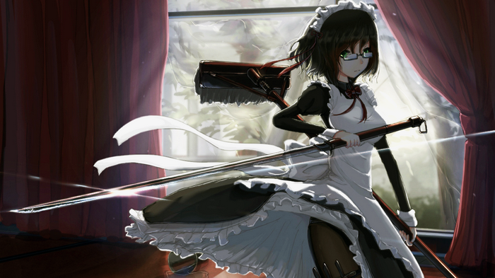 Anime maid with glasses holding a sword
