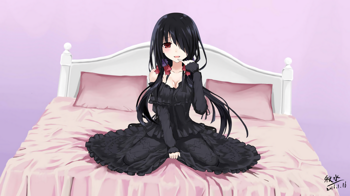 Date A Live, black hair, anime girls, long hair, anime, open shirt, bed, Tokisaki Kurumi