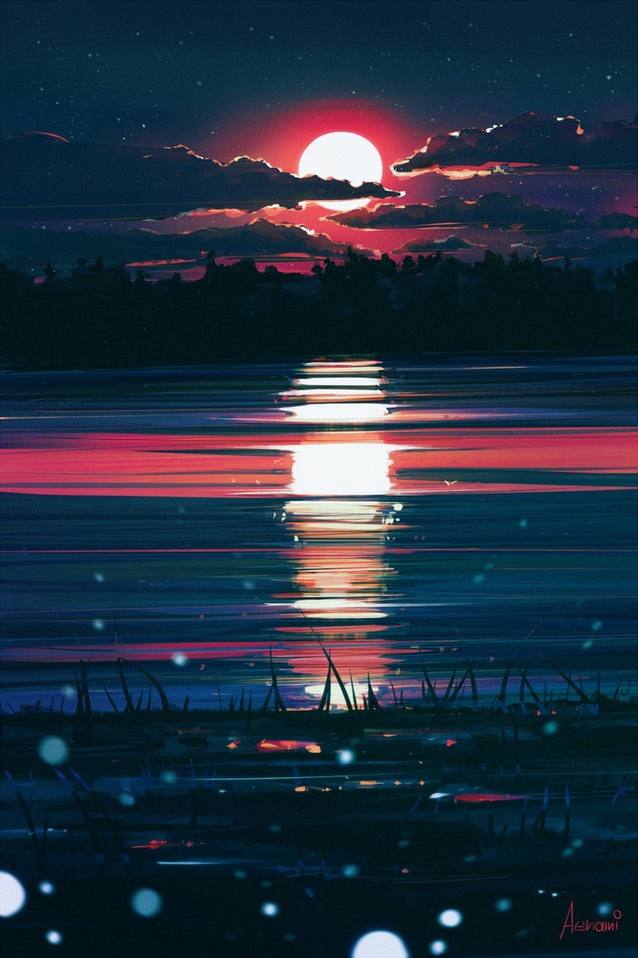 grass, Sun, night, clouds, landscape, illustration, water, sunset