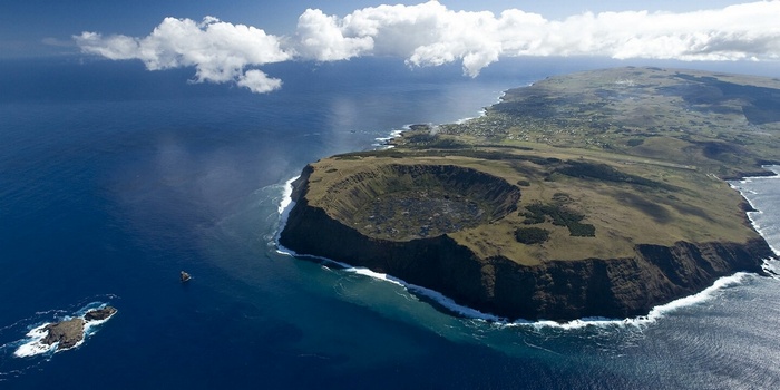Aerial view of Rapa Nui crater and coastline