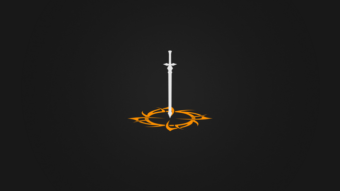 White sword on black background with orange tribal design