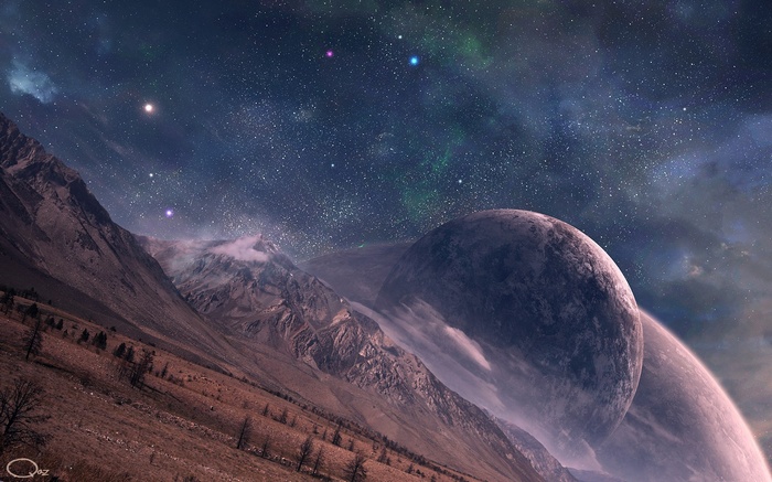 stars, planet, mountains, QAuZ, space, snowy peak, space art, clouds ...