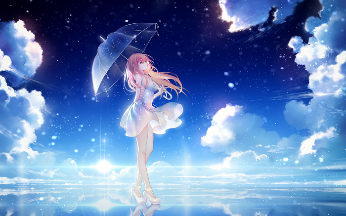 Girl with umbrella under starry sky with clouds