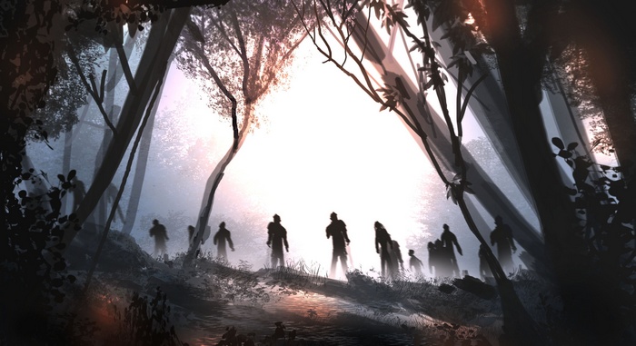 Zombies in a misty forest with bright light