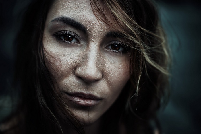Sollena with water droplets on her face