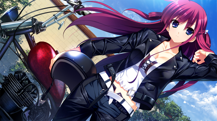 Amane Suou with a motorcycle