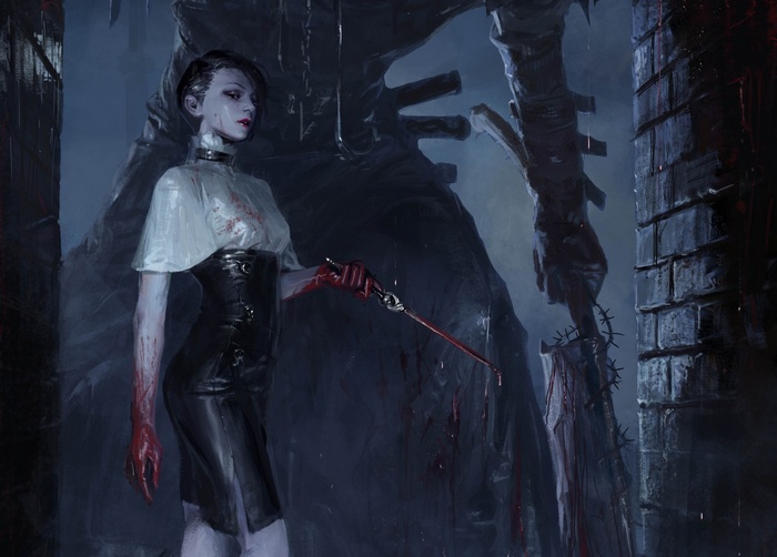 Fantasy girl with bloody knife and dark figure