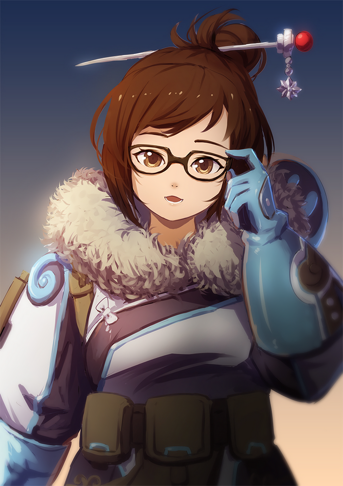 Mei from Overwatch adjusting her glasses