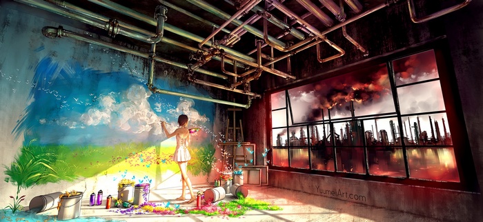 Yuumei paints a vibrant landscape contrasting an industrial city