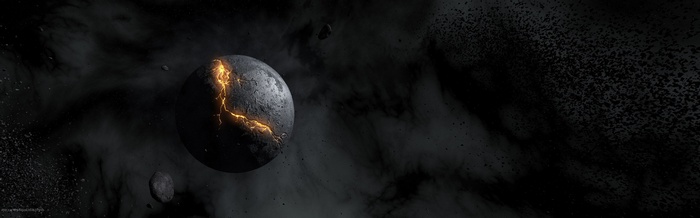 Cracked planet with glowing fissures in space