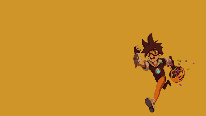 Tracer from Overwatch holding a pumpkin candy bucket