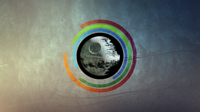 Death Star with colorful rings on textured background