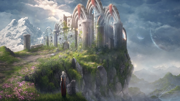Fantasy ruins on a cliff with mountains and planets