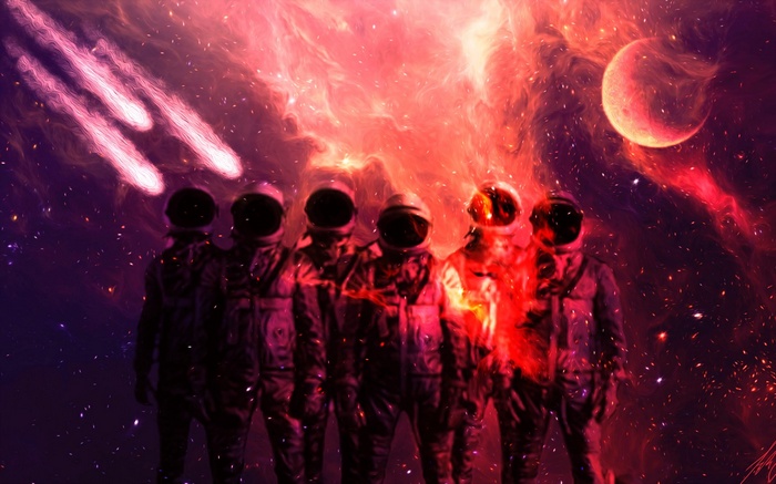 Astronauts in space with comets and a moon