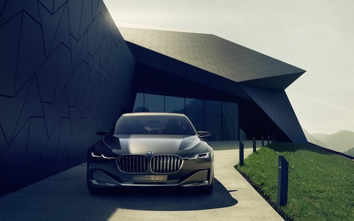 sunlight, BMW, nature, glass, grass, architecture, house, landscape, car, hills, modern, BMW Vision Future Luxury