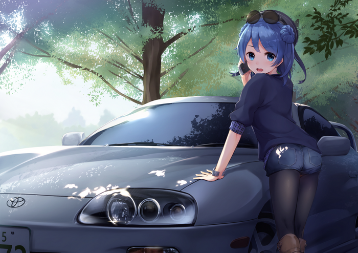 Toyota, car, Toyota Supra MK4, blue eyes, Supra, anime girls, shorts, phone, blue hair, Toyota Supra, short hair, ass, anime, trees, glasses