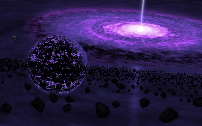 Planet and asteroid belt in front of a purple galaxy