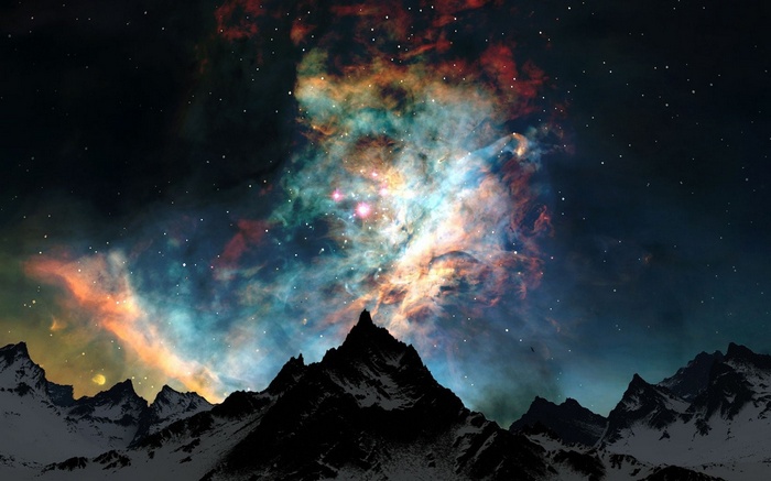 Snowy mountains under a colorful nebula and starry sky