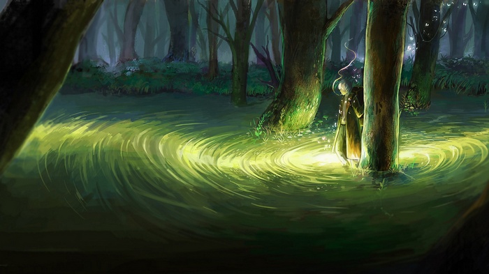 Ginko from Mushishi in a swampy forest