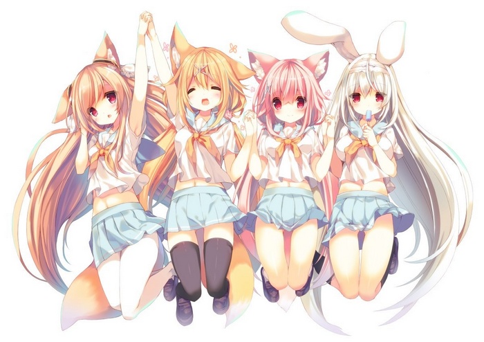 fox girl, anime girls, bunny girl, kitsunemimi , animal ears, thigh-highs