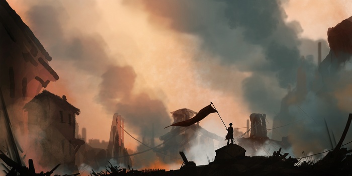 Warrior with flag in a smoky, ruined city