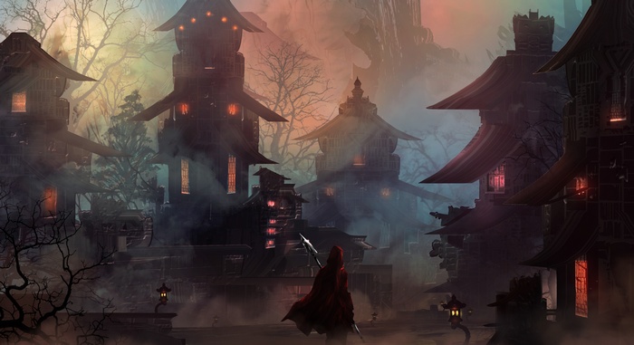 Warrior in red cloak in a misty fantasy village