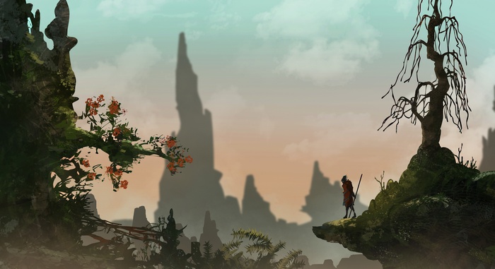 Fantasy warrior with spear on a cliff
