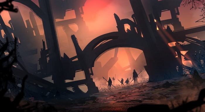 Warriors with spears in ruined fantasy landscape